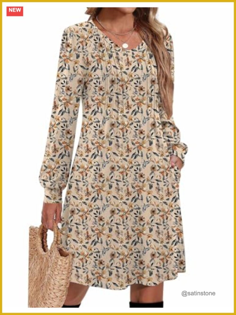 Women Long Sleeve V Neck Pleated A Line Tunic Dress Knee Length Pockets